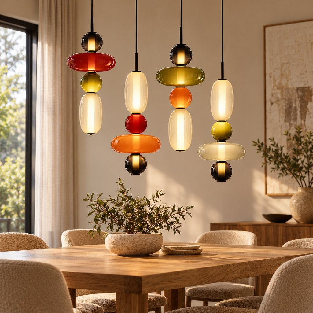 Colourful Stacked Glass Pendant Light – Sculptural Nordic Bedside & Dining Lamp shown in a refined contemporary interior