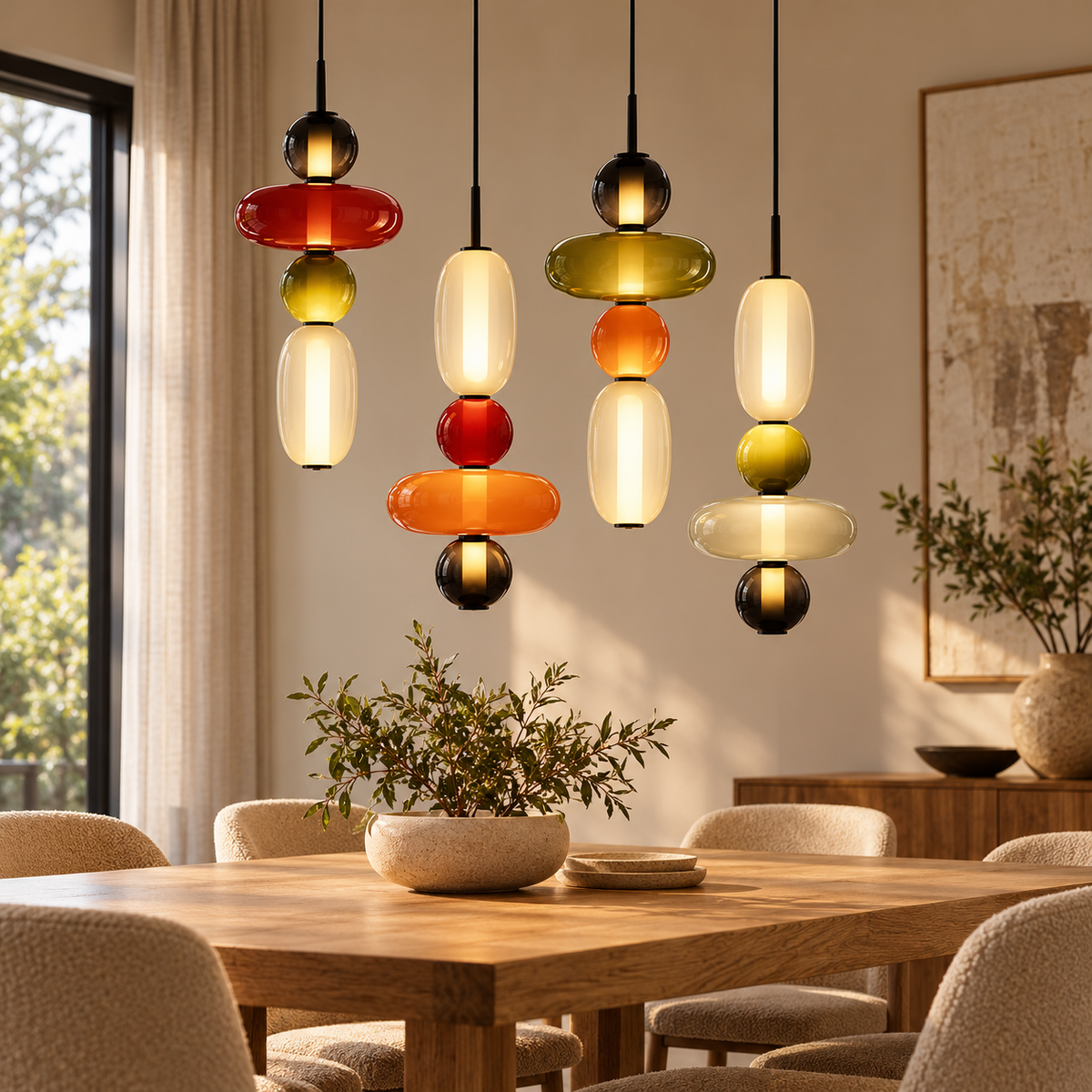 Colourful Stacked Glass Pendant Light – Sculptural Nordic Bedside & Dining Lamp shown in a refined contemporary interior