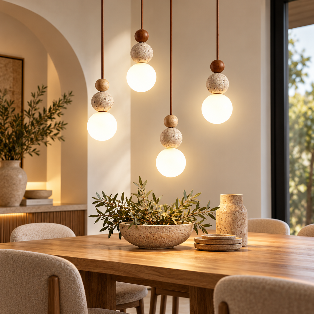 Stone & Wood Globe Pendant Light – Walnut or Light Wood Colour Bedside Lamp shown in a refined contemporary interior