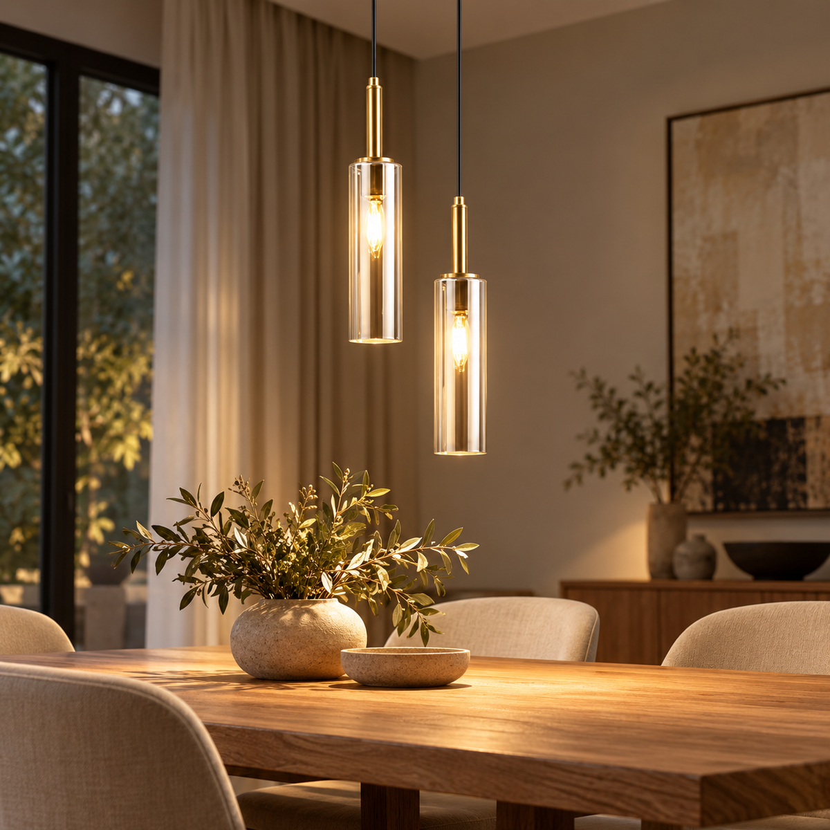 Slim Cylinder LED Pendant Light – Black or Gold Nordic Bedside & Dining Lamp shown in a refined contemporary interior