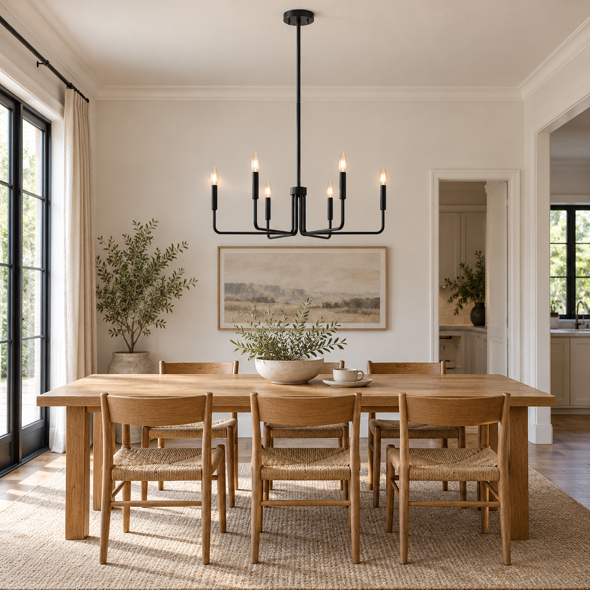 Black six-light angular iron chandelier above a dining table