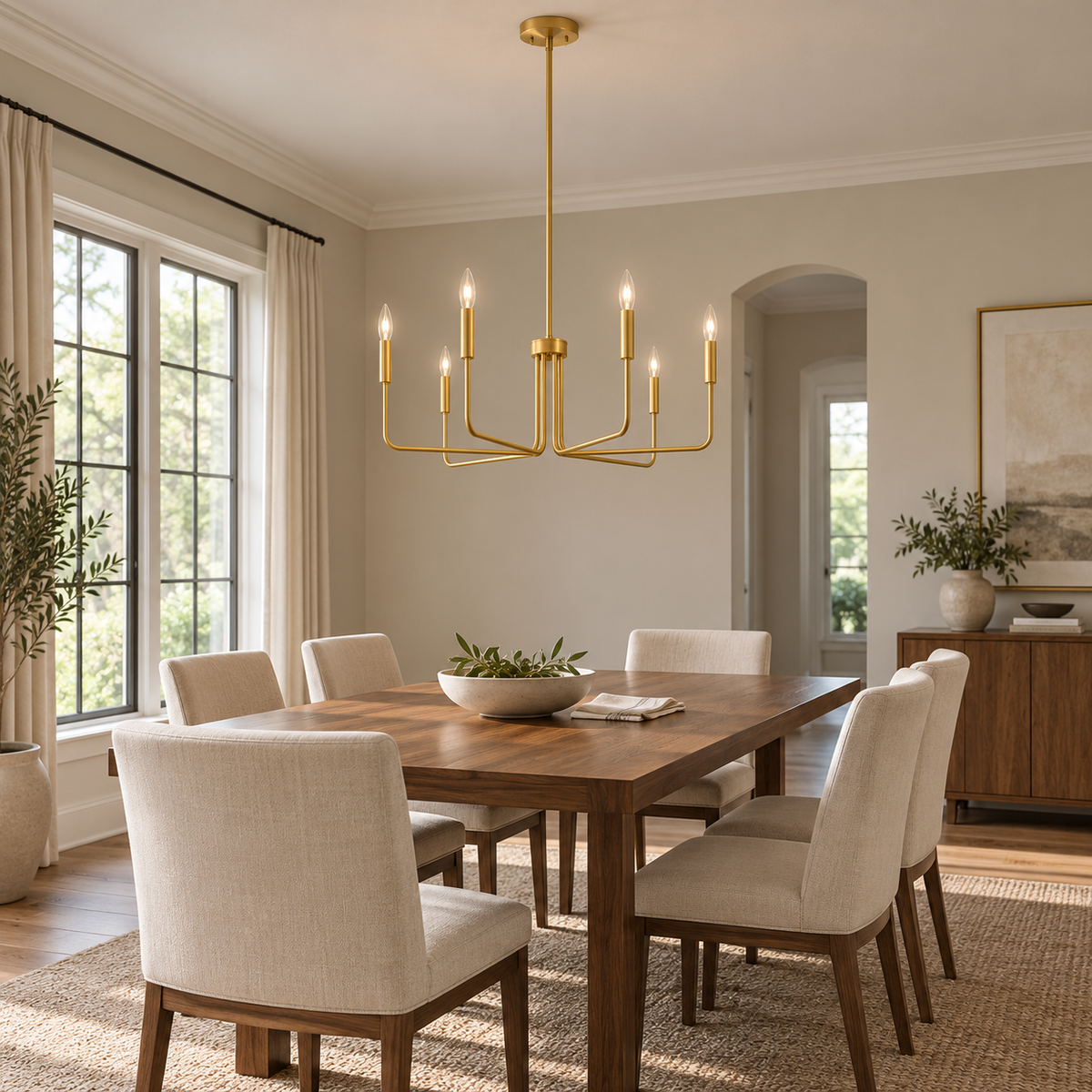 Gold six-light angular iron chandelier in a dining room