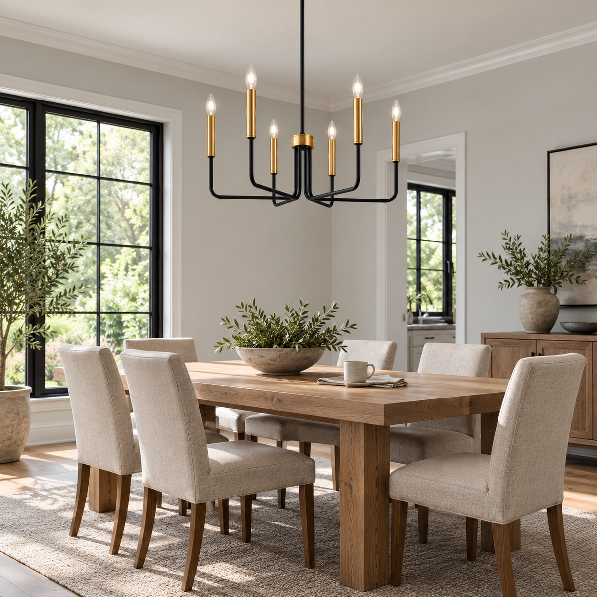 Black and gold six-light angular chandelier above a dining table