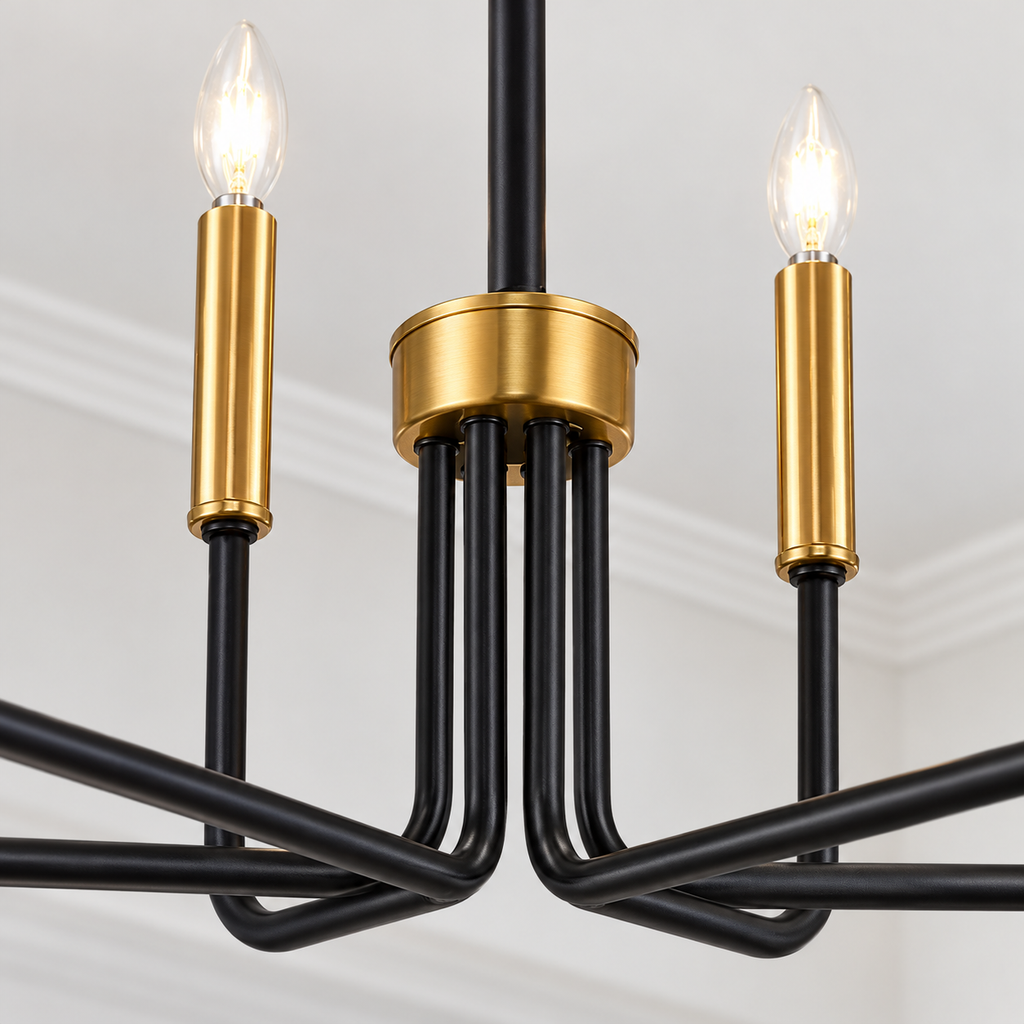 Close detail of the black arms and gold fittings of the six-light chandelier