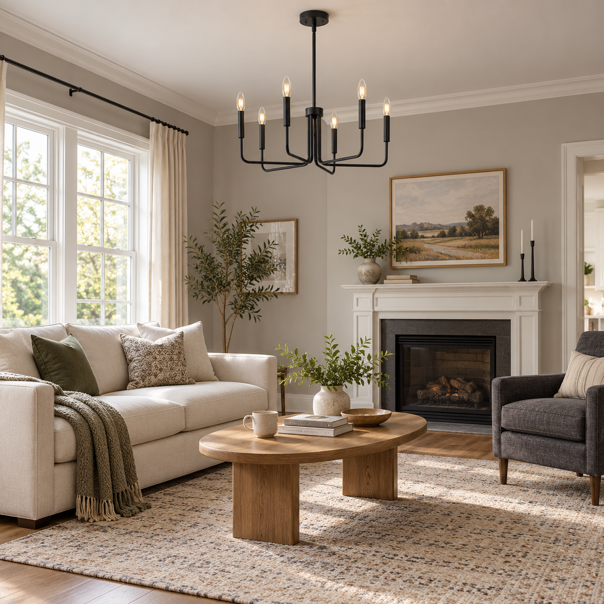 Black six-light angular chandelier installed in a living room