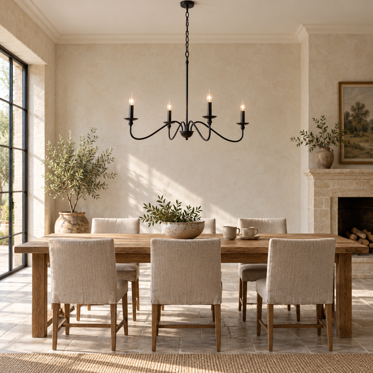 Black four-light curved-arm chandelier above an oak dining table.