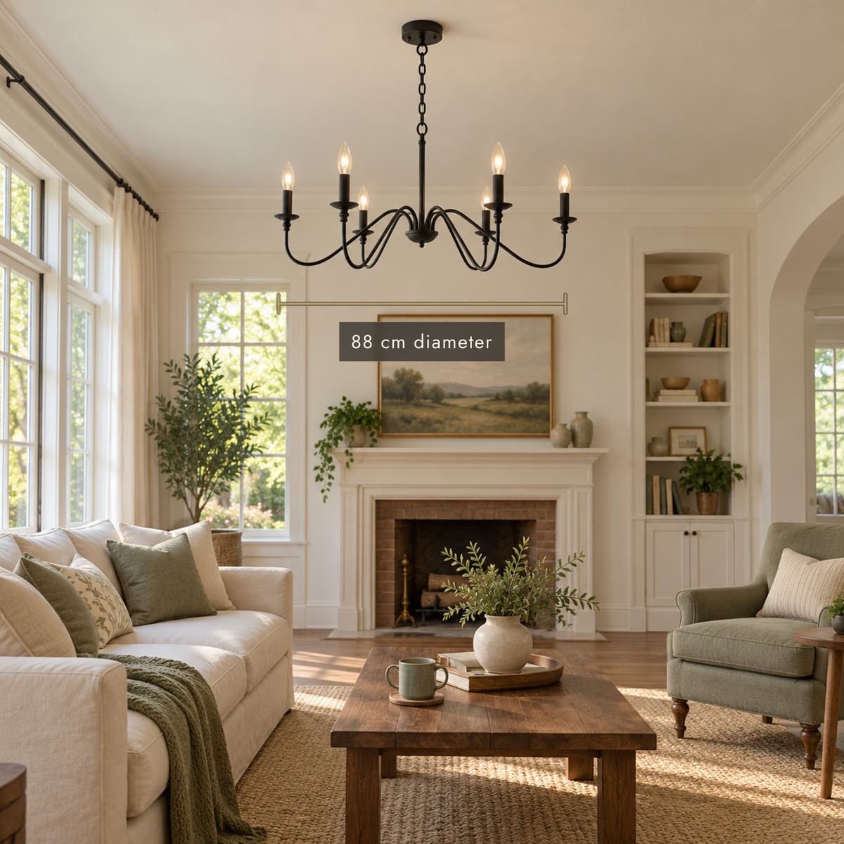 Black six-light curved-arm chandelier installed high above a living-room seating area.
