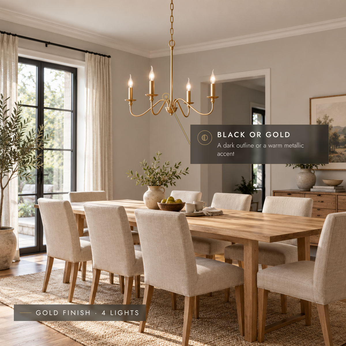 Gold four-light curved-arm chandelier above a light oak dining table.