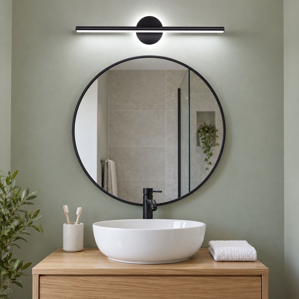 Black 40 cm LED bathroom mirror light with cool white halo above a round mirror and compact oak vanity.