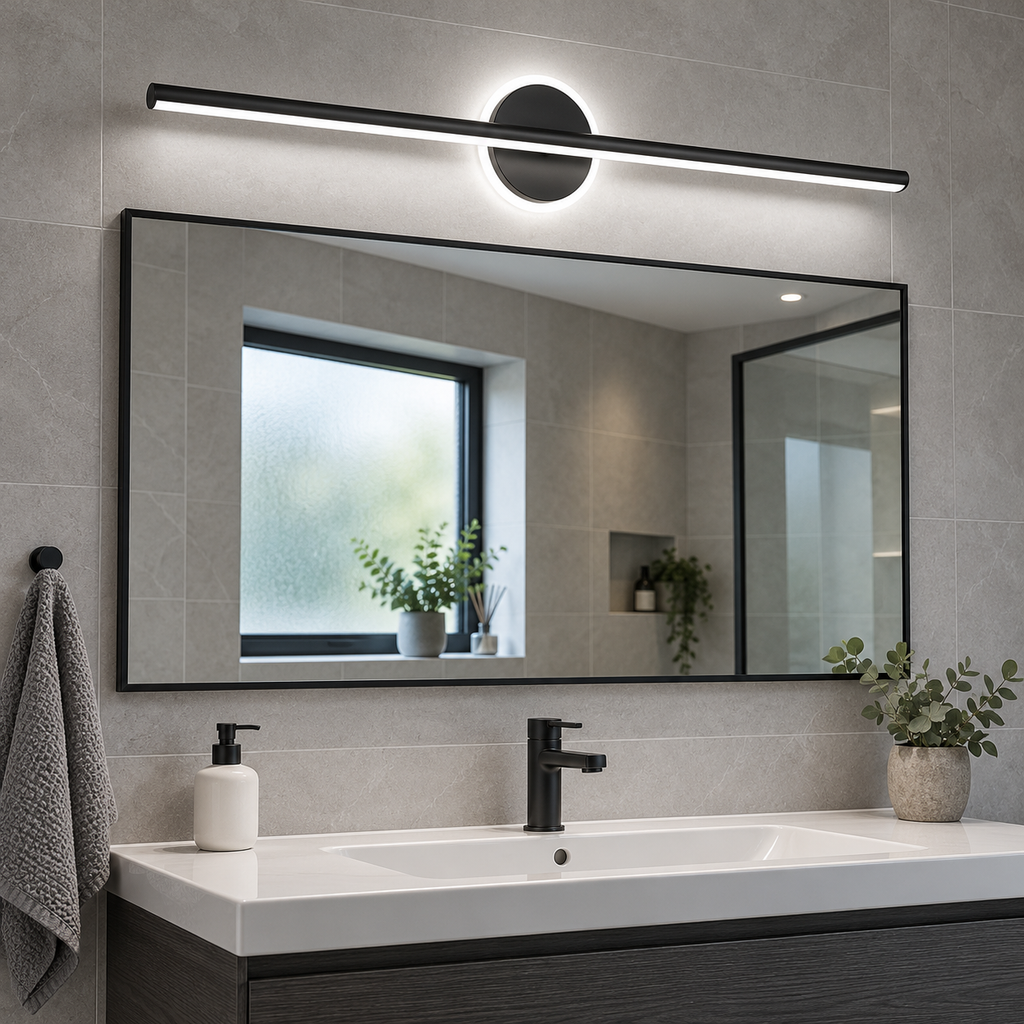 Black 80 cm LED bathroom mirror light with cool white illumination above a rectangular mirror and grey tiled vanity.