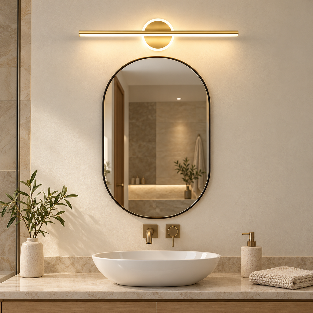 Gold 40 cm LED bathroom mirror light with warm white halo above an oval mirror and stone vanity.