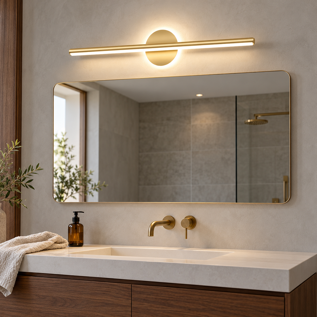 Gold 60 cm LED bathroom mirror light with warm white illumination above a rectangular mirror and walnut vanity.