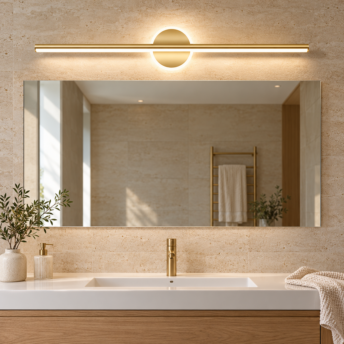 Gold 80 cm LED bathroom mirror light with warm white halo above a wide mirror and travertine vanity.