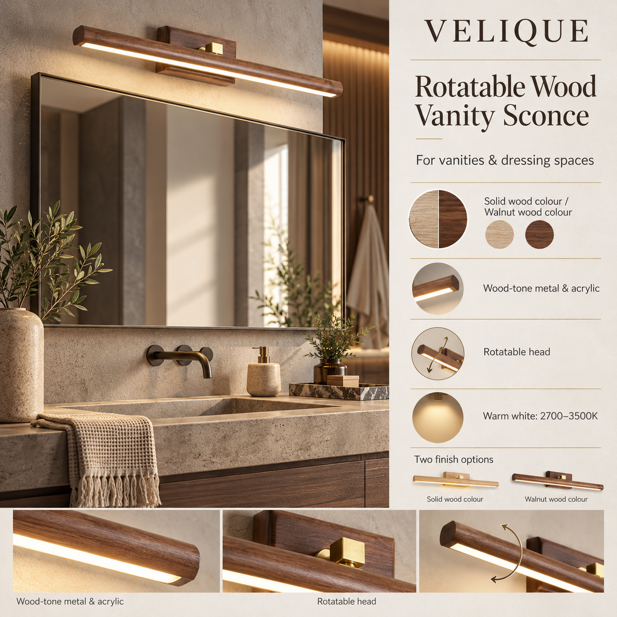 Velique Rotatable Wood Vanity Sconce lifestyle infographic with variant options and product details