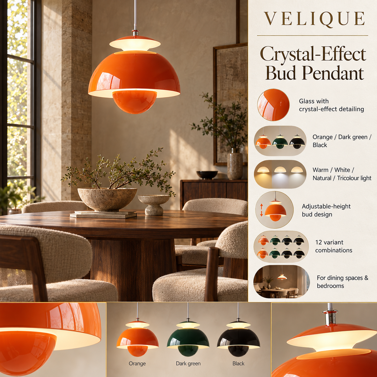 Velique Crystal-Effect Bud Pendant lifestyle infographic with variant options and product details