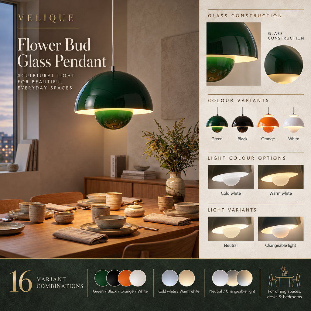 Velique Flower Bud Glass Pendant lifestyle infographic with variant options and product details