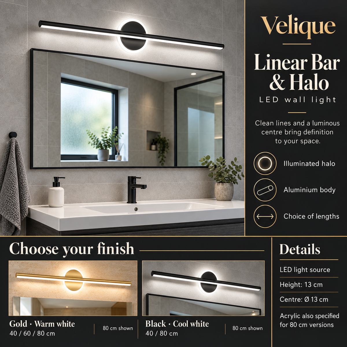 Velique Linear Bar and Halo LED wall light — gold with warm white in 40, 60 and 80 cm; black with cool white in 40 and 80 cm. Height and centre diameter: 13 cm.