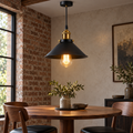 Single black metal loft pendant with brass-tone socket over a dining table