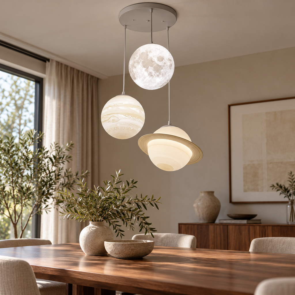 Moon and Planet pendant light above a dining table in a warm contemporary interior