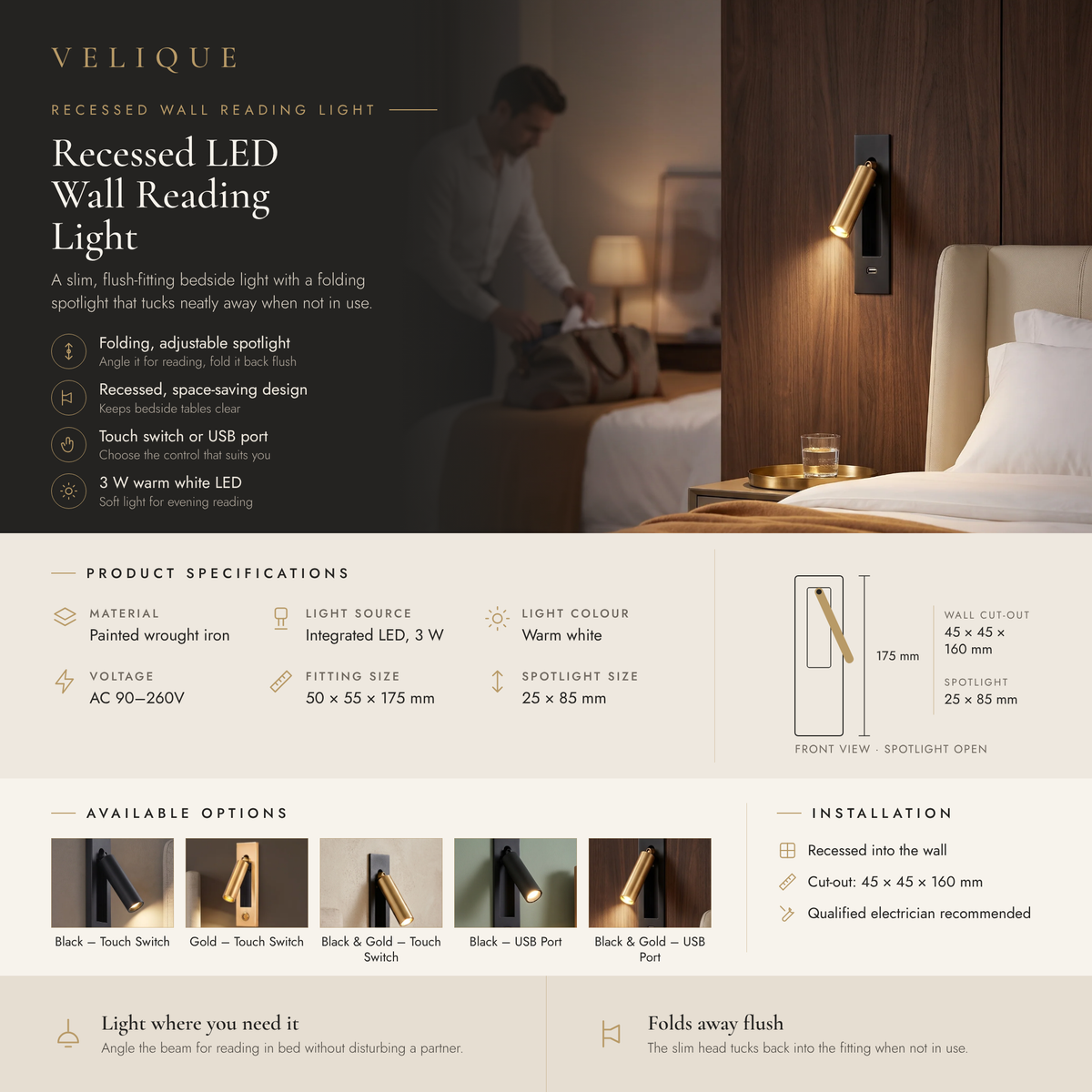 Velique Recessed LED Wall Reading Light infographic – folding spotlight, five finish and control options, specifications and 45 × 45 × 160 mm wall cut-out