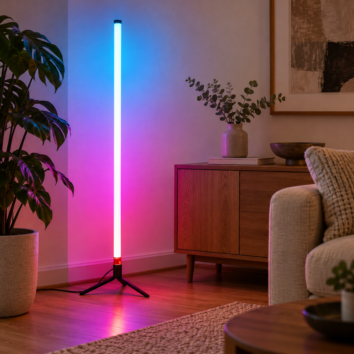 RGB tube floor lamp with black tripod base in a warm living room corner