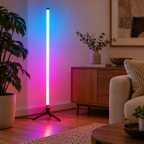RGB tube floor lamp with black tripod base in a warm living room corner